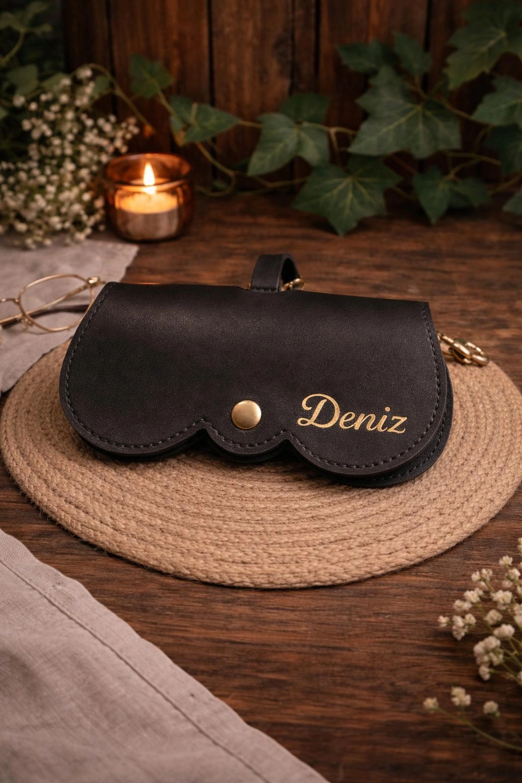 Kişiselleştirilmeli Asılabilir Gözlük Kılıfı Daire Model ( siyah )