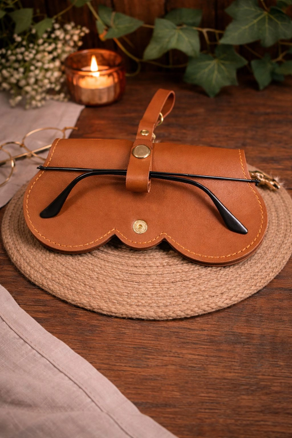 Kişiselleştiriebilir Asılabilir Gözlük Kılıfı Daire Model ( Taba )